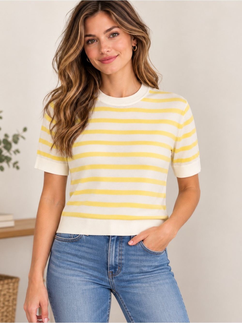 Banana Republic Forever Yellow White Striped Short Sleeve Sweater Top M